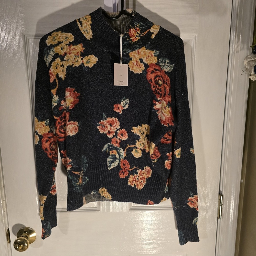 LC Lauren Conrad Women Navy Blue Floral Mock Neck Knit Sweater NWT Small